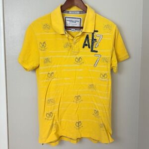 American Eagle Mens Y2K Polo Shirt Rugby Medium Yellow Prep Retro Malibu Graphic